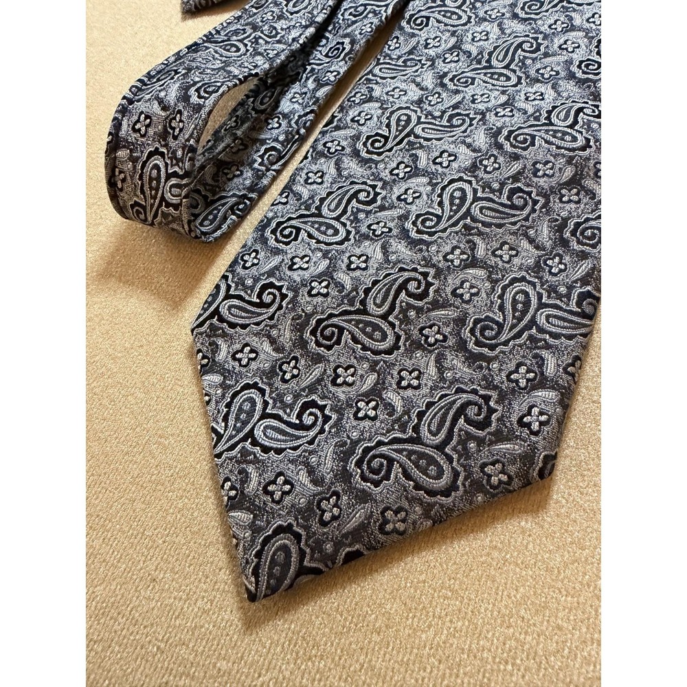 Alan Flusser All Silk Black and Silver Paisley Tie